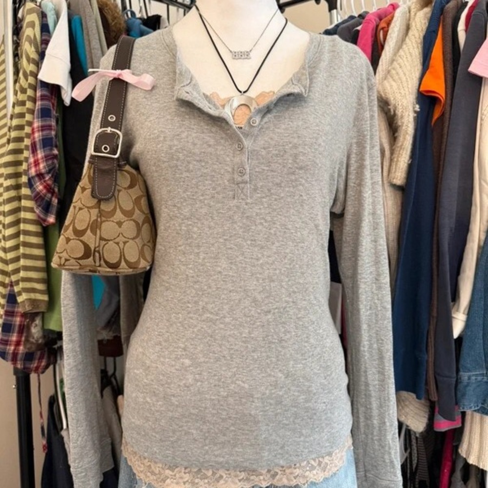 Coach Gray Long Sleeve Henley with Cream Lace Trim